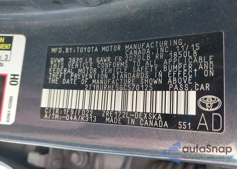 2016 Toyota Corolla L/Le/Le Pls/Prm/S/S Pls from USA, damaged, VIN 2T1BURHESGC570125
